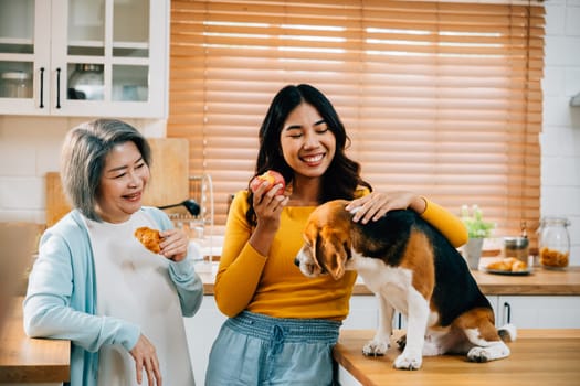 A heartwarming kitchen portrait features a young Asian woman, her mother, and their beagle dog, highlighting the concept of family, friendship, and pet love. Pet love