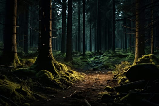 The forest is covered with moss and bathed in warm sunbeams. High quality photo