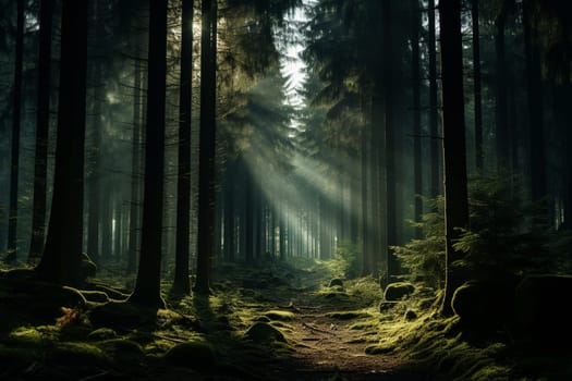 The forest is covered with moss and bathed in warm sunbeams. High quality photo