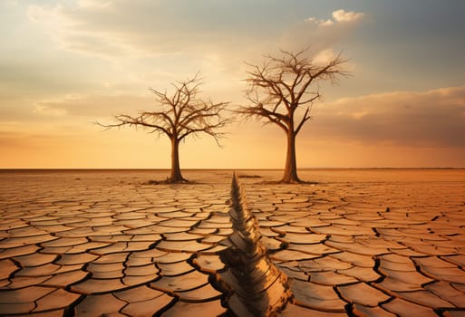 Dry waterless wasteland. Dead tree stub. Sun beams on red sky. Abstract scene. Parched cracked soil in barren landscape. Ecological calamity. Fantasy or sci-fi background. Nuclear catastrophe concept. High quality photo