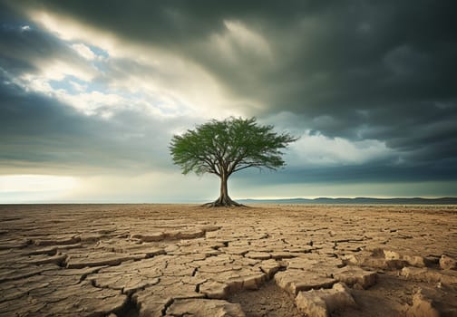 Dry waterless wasteland. Dead tree stub. Sun beams on red sky. Abstract scene. Parched cracked soil in barren landscape. Ecological calamity. Fantasy or sci-fi background. Nuclear catastrophe concept. High quality photo