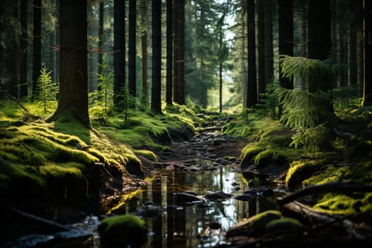 The forest is covered with moss and bathed in warm sunbeams. High quality photo