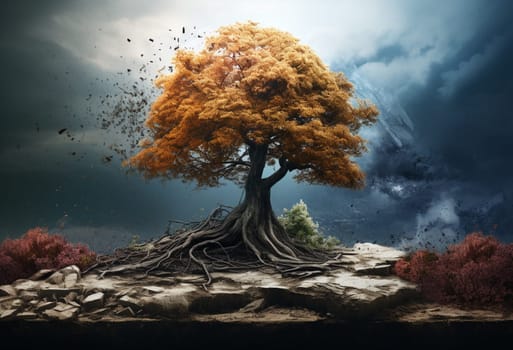 Large lonely tree. Autumn, yellow leaves. Digital art. High quality photo