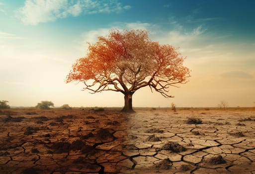 Dry waterless wasteland. Dead tree stub. Sun beams on red sky. Abstract scene. Parched cracked soil in barren landscape. Ecological calamity. Fantasy or sci-fi background. Nuclear catastrophe concept. High quality photo