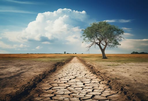 Dry waterless wasteland. Dead tree stub. Sun beams on red sky. Abstract scene. Parched cracked soil in barren landscape. Ecological calamity. Fantasy or sci-fi background. Nuclear catastrophe concept. High quality photo