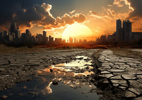 A city looks over a desolate cracked earth landscape in sunset. High quality photo