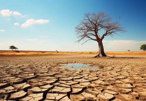 Dry waterless wasteland. Dead tree stub. Sun beams on red sky. Abstract scene. Parched cracked soil in barren landscape. Ecological calamity. Fantasy or sci-fi background. Nuclear catastrophe concept. High quality photo