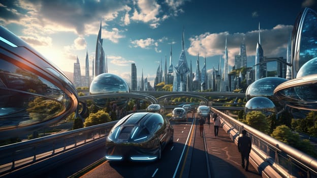 flying car in the futuristic city on alien planet, 3d rendering and digital painting, concept illustration.