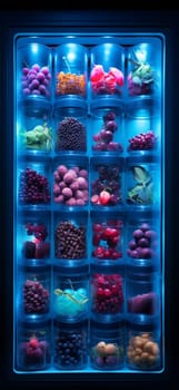 Fruit an berry jam preservation, summer canned food for winter, summer harvest, healthy diet take away snack concept. Raspberry, blueberry, strawberry, cherry in glass jars for conservation . High quality photo