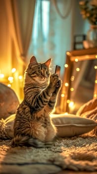 cat standing on its hind legs, seemingly taking a selfie with a smartphone, amidst a cozy room illuminated by warm lights in the background. vertical