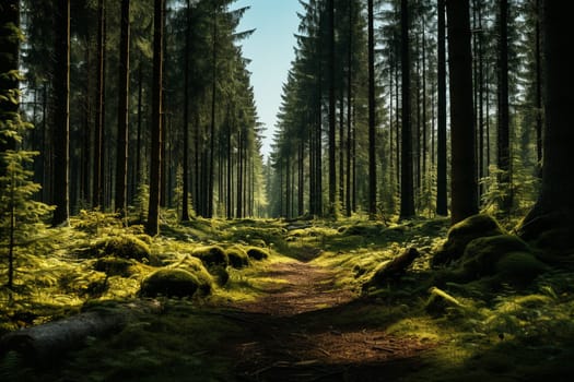 The forest is covered with moss and bathed in warm sunbeams. High quality photo