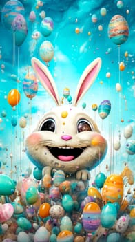 vibrant and fantastical image of a cartoon bunny surrounded by a colorful array of Easter eggs, some floating like balloons against a backdrop of a whimsical, dreamy sky, vertical
