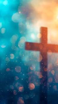 silhouetted cross amidst a soft, ethereal backdrop with a bokeh effect, evoking themes of faith, spirituality, and the divine. religion, vertical blurred banner