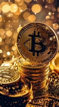 Bitcoin coins with intricate designs, stacked and shining against a glittering golden background with bokeh lights, symbolizing wealth and the digital currency revolution, vertical