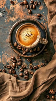 freshly brewed cup of coffee in a rustic setting, with whole beans scattered around on a weathered surface, accompanied by a textured cloth, invoking a sense of warmth and aromatic richness, vertical