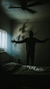 dramatic scene with a person standing on a bed, arms outstretched, in a dark room with shadows cast by a ceiling fan, creating a sense of restlessness or turmoil, insomnia or nightmares, vertical