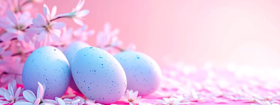 Easter setting with pastel blue speckled eggs amid delicate pink flowers, all bathed in a soft, warm light on a gentle pink background, giving peaceful and celebratory spring vibe, banner copy space
