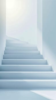 white staircase ascending towards a bright light, symbolizing progress, growth, and the journey towards self-development or enlightenment, vertical banner with copy space