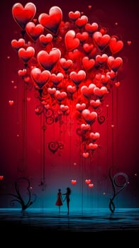 love of two women, romantic depiction of Valentine's Day, featuring a couple holding hands amidst a dreamy backdrop of floating red hearts of various sizes, atmosphere of love and enchantment, vertical