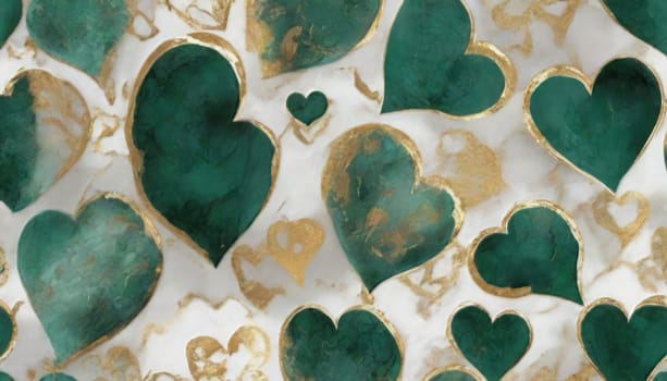 abstract painting of pattern valentines day different little ones sizes hearts in neutral malachite, gold foil, gold and white colours