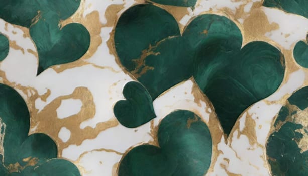 abstract painting of pattern valentines day different little ones sizes hearts in neutral malachite, gold foil, gold and white colours