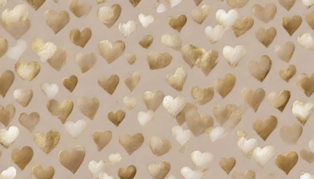 abstract painting of pattern valentines day different little ones sizes hearts in neutral beige, gold foil, gold and white colours