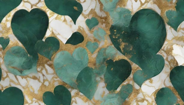 abstract painting of pattern valentines day different little ones sizes hearts in neutral malachite, gold foil, gold and white colours