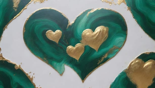 abstract painting of valentines day different little ones sizes hearts in neutral malachite, gold foil, gold and white colours