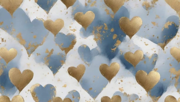 abstract painting of pattern valentines day different little ones sizes hearts in neutral blue, gold foil, gold and white colours