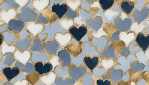 abstract painting of pattern valentines day different little ones sizes hearts in neutral blue, gold foil, gold and white colours