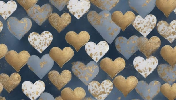 abstract painting of pattern valentines day different little ones sizes hearts in neutral blue, gold foil, gold and white colours