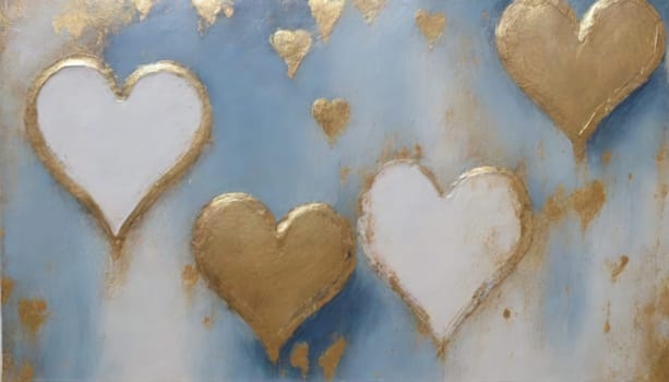 abstract painting of valentines day different little ones sizes hearts in neutral blue, gold foil, gold and white colours