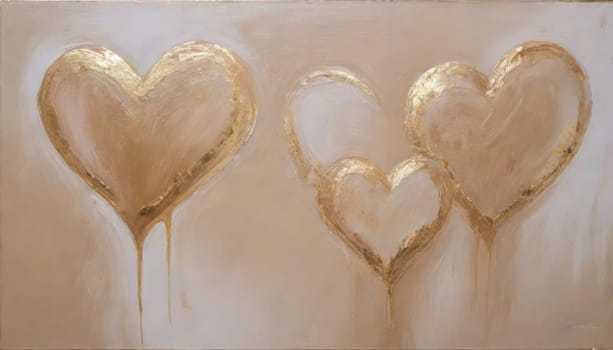 abstract painting of valentines day different little ones sizes hearts in neutral beige, gold foil, gold and white colours