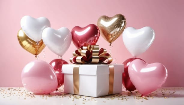 Happy valentines day decoration with gift boxes, heart shape white, pink and gold colored balloons, colored confetti, 3D rendering illustration