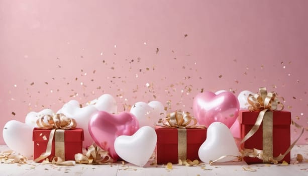 Happy valentines day decoration with gift boxes, heart shape white, pink and gold colored balloons, olorful confetti is falling, blurred light pink background, 3D rendering illustration