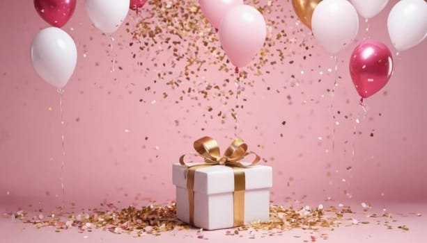 Happy valentines day decoration with gift boxes, heart shape white, pink and gold colored balloons, C olorful confetti is falling, blurred light pink background, 3D rendering illustration