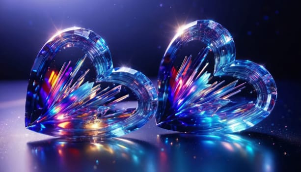 crystal's, translucent, transparent, realistic close-up with deep depth of field Valentine's detailed background, two hearts, floating transparent colors of the rainbow hearts, against a transparent shimmering heart-shaped crystals, reflections