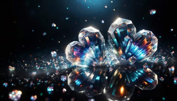 crystal's, translucent, transparent, close-up with deep depth of field Valentine's realistic detailed background, two hearts, transparent colors of the rainbow hearts, against a transparent scattering crystals, falling crystals, glints in the foreground, reflections