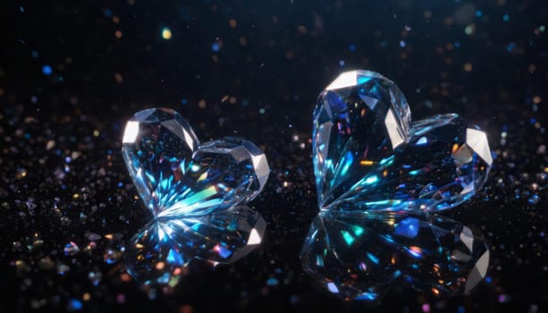 crystal's, translucent, transparent, close-up with deep depth of field Valentine's realistic detailed background, two hearts, transparent colors of the rainbow hearts, against a transparent scattering crystals, falling crystals, glints in the foreground, reflections