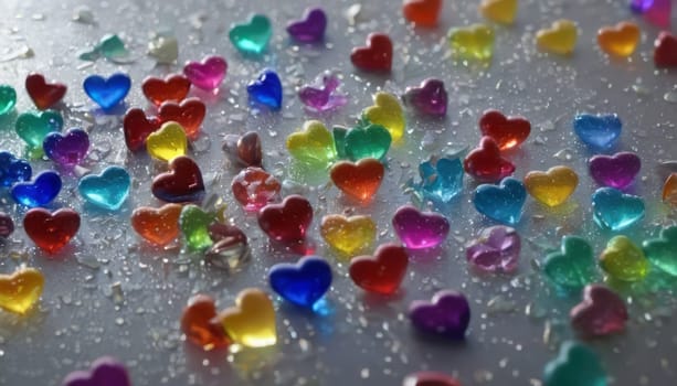 realistic detailed, abstract with a deep depth of field of different little ones sizes glass hearts raindrops on glass, transparent colors of the rainbow glass hearts on abstract glass transparent background in perspective, lens flare, glints, crystal's, translucent, transparent