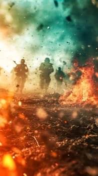 conflict, with figures that could be interpreted as soldiers moving through an environment that appears chaotic and engulfed in flames, war zone. blurred vertical banner with copy space