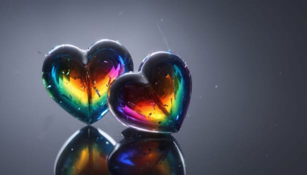 realistic detailed, abstract close-up with a deep depth of field of Two glass hearts, transparent colors of the rainbow glass hearts on abstract transparent background with falling crystals in perspective, transparent scattering crystals, lens flare and reflections on film, glints, C rystals, translucent, transparent