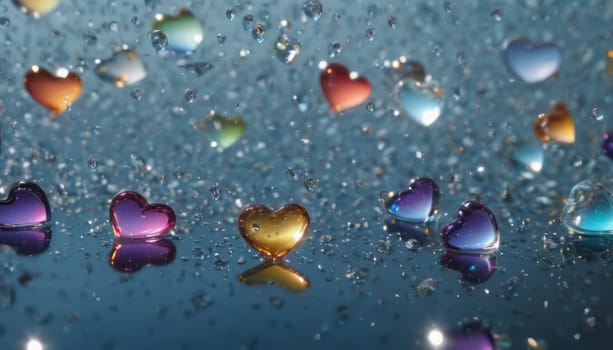 crystal's, translucent, transparent, realistic detailed, abstract with a deep depth of field of different little ones sizes glass raindrops on glass in the shape of a heart, transparent colors of the rainbow glass hearts on abstract glass transparent background in perspective, lens flare, glints