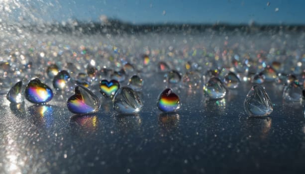 crystal's, translucent, transparent, realistic detailed, abstract with a deep depth of field of different little ones sizes glass raindrops on glass in the shape of a heart, transparent colors of the rainbow glass hearts on abstract glass transparent background in perspective, lens flare, glints