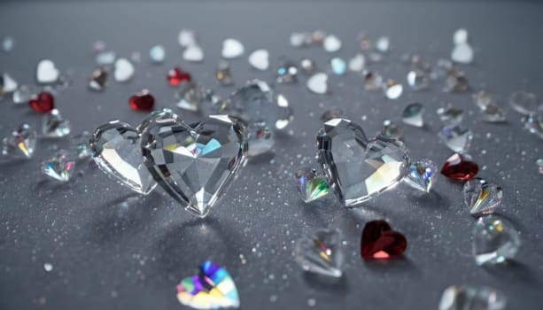 crystal's, translucent, transparent, close-up with deep depth of field Valentine's realistic detailed background, one hearts, transparent colors of the rainbow hearts, against a transparent scattering crystals, falling crystals, glints in the foreground, reflections
