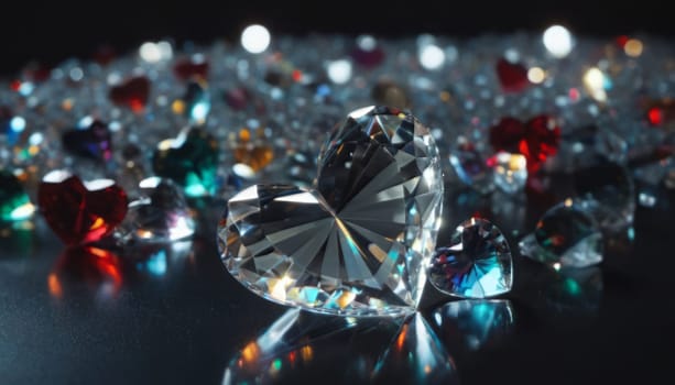 crystal's, translucent, transparent, close-up with deep depth of field Valentine's realistic detailed background, one hearts, transparent colors of the rainbow hearts, against a transparent scattering crystals, falling crystals, glints in the foreground, reflections