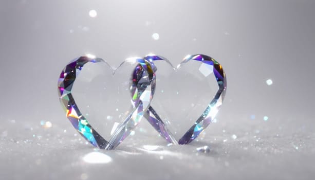 crystal's, translucent, transparent, close-up with a deep depth of field, Two hearts on abstract white background with falling crystals in the shape of a heart, realistic detailed, transparent colors of the rainbow hearts, transparent scattering crystals,lens flare, glints