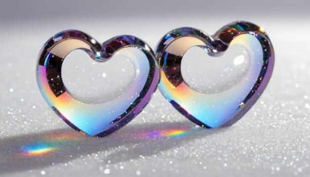 crystal's, translucent, transparent, close-up with a deep depth of field, Two hearts on abstract white background with falling crystals in the shape of a heart, realistic detailed, transparent colors of the rainbow hearts, transparent scattering crystals,lens flare, glints