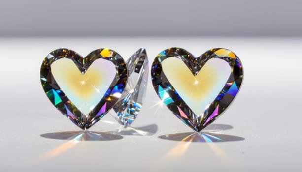 crystal's, translucent, transparent, close-up with a deep depth of field, two yellow hearts on abstract without horizontal line white background with falling crystals, two, yellow, realistic detailed, transparent colors of the rainbow hearts, transparent scattering crystals, lens flare, glints