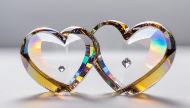 crystal's, translucent, transparent, close-up with a deep depth of field, two yellow hearts on abstract without horizontal line white background with falling crystals, two, yellow, realistic detailed, transparent colors of the rainbow hearts, transparent scattering crystals, lens flare, glints